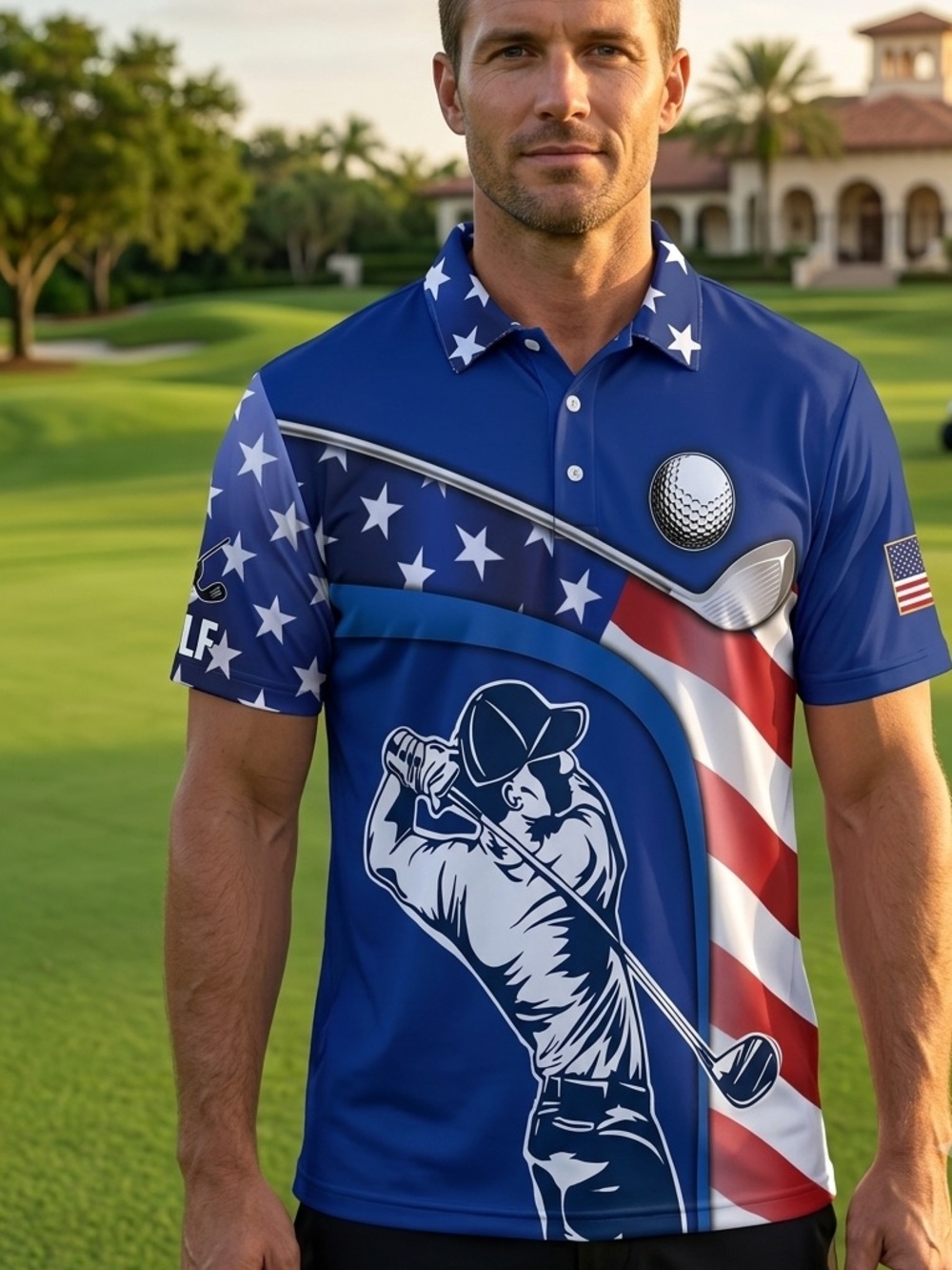 Patriotic Blue Golf Polo Shirt - American Flag Graphic